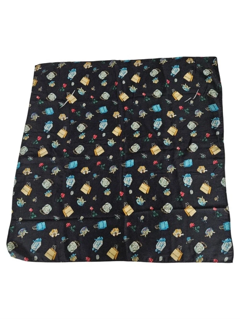Bloomingdale's Silk Black Printed Silk Scarf with Floral and Bag Motif